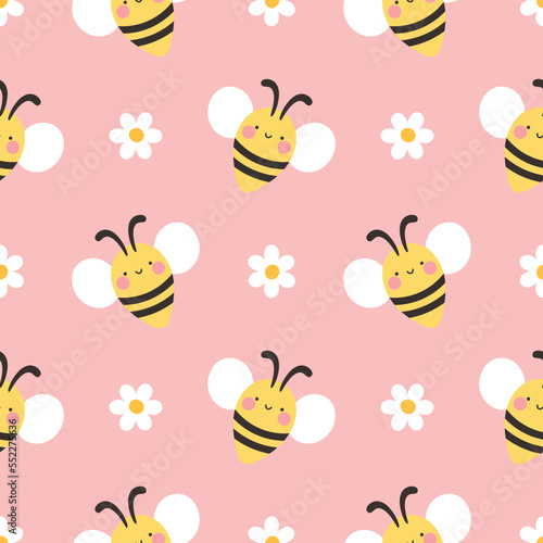 seamless pattern with cute cartoon kawaii bees, Hand drawn floral vector illustration background