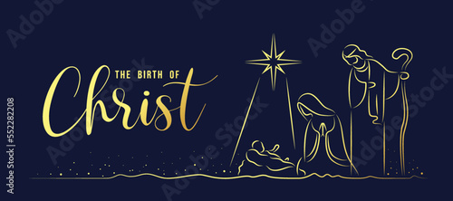 The birth of christ - abstract gold line drawing The Nativity with mary and joseph in a manger with baby Jesus on dark blue background vector design