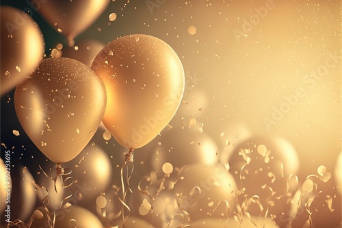 Festive luxury background with golden inflatable balloons, confetti, blurred background with bokeh effect. Generative Ai