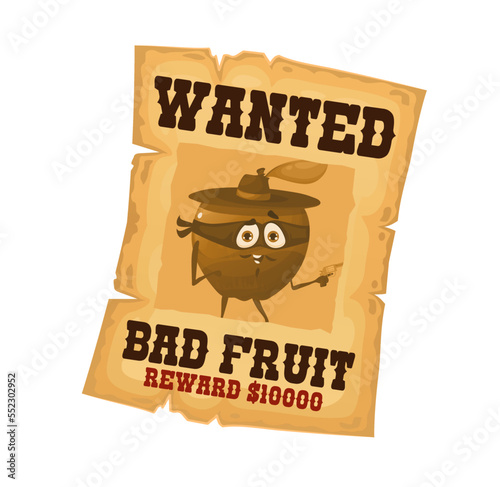 Western wanted poster with fruit robber, Wild West bandit placard, cartoon vector. Wanted dead or alive reward poster with funny apple or ranger fruit in western bandit mask, cowboy hat with gun