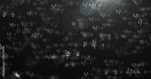 Image of mathematical equations over snowflakes on black background
