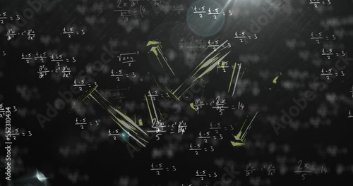 Image of mathematical equations over snowflakes on black background
