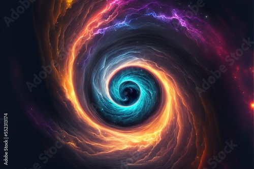 Abstract colorful of spiral and nebula flowing in concept space, science, universe. Generative AI. 