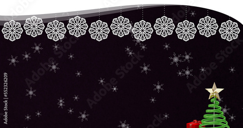Image of snowflakes falling over christmas tree on black background
