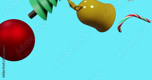 Image of christmas decorations over blue background