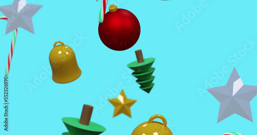 Image of christmas decorations over blue background