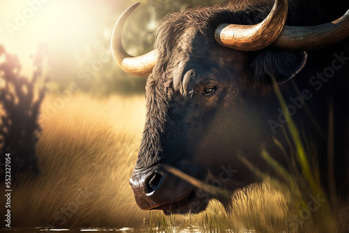 The water buffalo is seen in close-up, basking in the sunshine as it eats grass. Generative AI