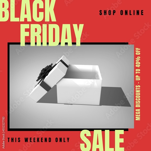 Composition of black friday sale text over present on red background