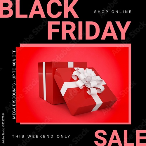 Composition of black friday sale text over present on black background