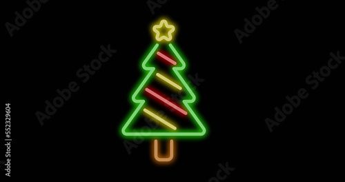 Image of neon christmas tree on black background
