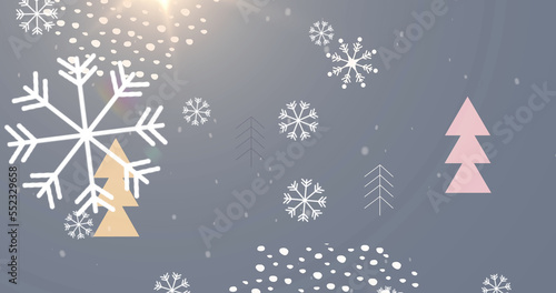 Image of snowflakes falling over christmas trees