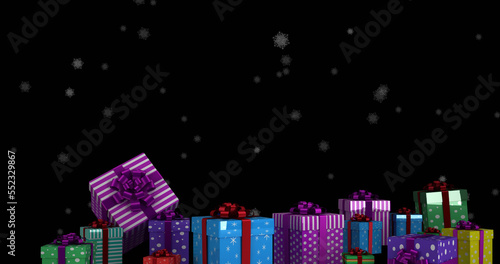 Image of snow falling over christmas presents on black background