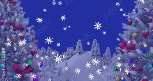 Image of christmas trees and snow falling over winter landscape