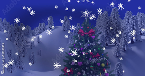 Image of christmas tree and snow falling over winter landscape
