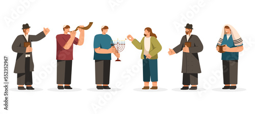 Jewish Character Set with Various Pose Vector Illustration. Jewish People Holding Candelabrum and Playing Shofar