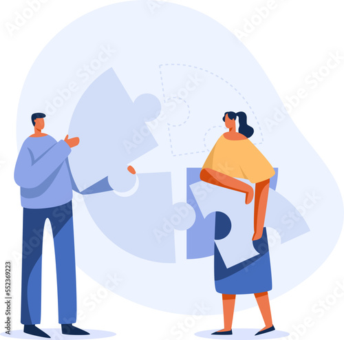 Business people working together and connecting separated puzzle pieces. illustration