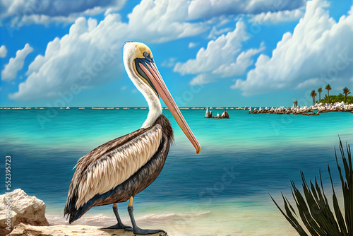 Great wild pelican off the coast of Aruba. Generative AI