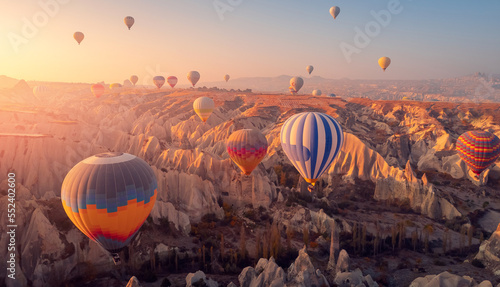 Amazing Panoramic view sunrise rocky landscape in Cappadocia with colorful hot air balloon deep canyons, valleys. Concept banner travel Turkey