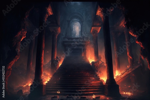 The eternal fire, dark atmospheric landscape with stairs to ancient columns and font of fire. Generative AI