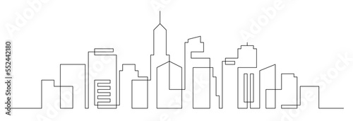 Continuous line city building. One single outline cityscape continuous construction. Editable stroke building background. Vector illustration.