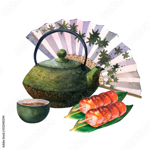 Watercolor asian tea set with dack green teapot, green cup of tea, dongo on leaves of nory and Japan fan, isolate on white background.