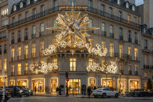 Paris, France - 12 08 2022: View of facade of Christian Dior Paris with christmas decoration