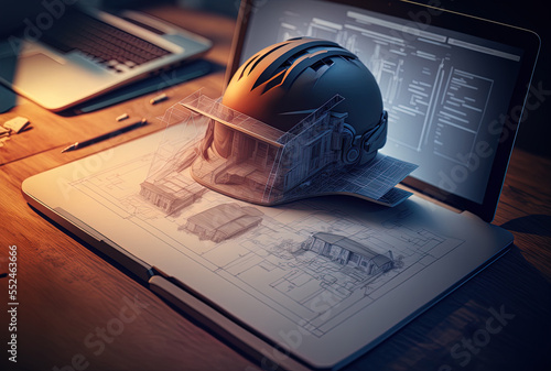 Mockup of an architect's laptop, a planning blueprint, a helmet, and tools on a desk overlay for a future architecture or building design with a double exposure. Generative AI