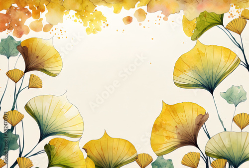 autumnal watercolor backdrop with gingko leaf borders. Generative AI