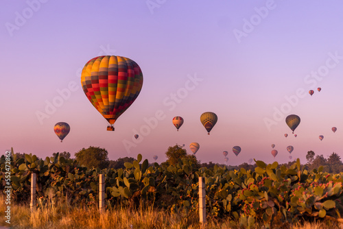 Globos aerostáticos volando sobre zona arqueológica de México al amanecer en Teotihuacán