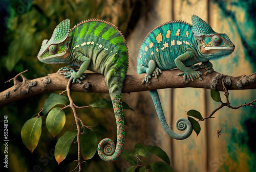 Here we see a pair of chameleons perched on a limb. color-changing chameleon in Zanzibar. Generative AI