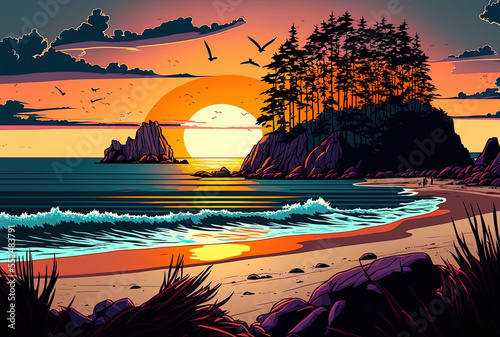 Beautiful sunset panorama on Vancouver Island, Canada's Pacific Rim National Park beach. Generative AI