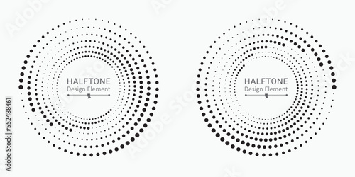 Halftone logo set. Circular dotted logo isolated on the white background. Garment fabric design. Halftone circle dots texture. Vector design element for various purposes.