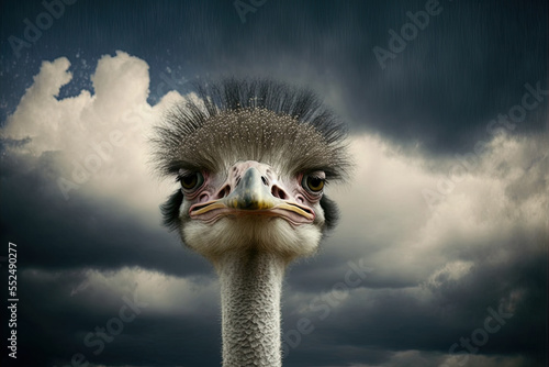 Ostrich raising its head to the clouds. Generative AI