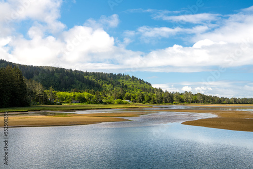Wetland of mud flats and bay below forested green hills on the Oregon coast