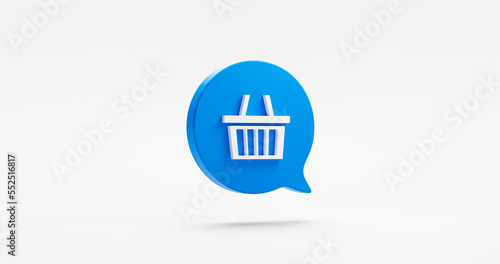 Empty shopping basket 3d icon isolated on white background of blue speech bubble message market shop purchase buy symbol retail online store payment cart sign and supermarket website graphic button.