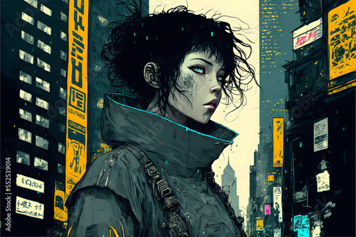 digital painting anime style girl in cyberpunk city
