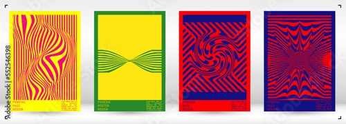 Geometrical Poster Design with Optical Illusion Effect. Modern Psychedelic Cover Page Collection. Colourful Wave Lines Background. Fluid Stripes Art. Swiss Design. Vector Illustration for Brochure.