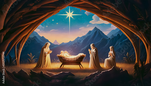 Christmas nativity scene of born child baby Jesus Christ in the manger.