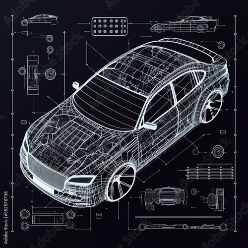 Futuristic automotive technology. Car schematic or car blueprint.Top view sedan car in outline. Generative AI..