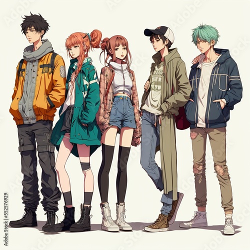 Group of young people in anime style, manga girls and boys Generative AI..