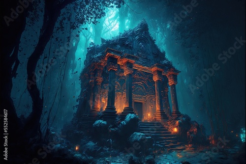 Fantasy stone temple in the forest at night. Generative AI