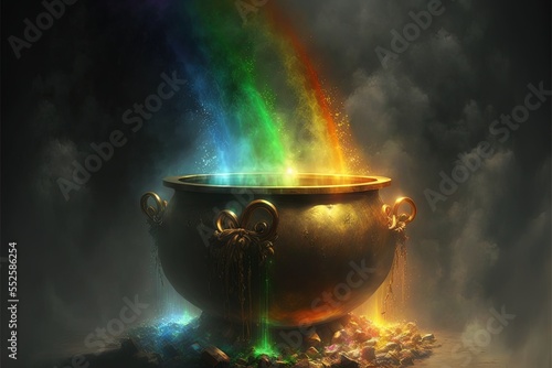 Pot full of gold at the end of the rainbow. Generative AI