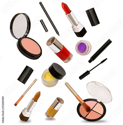 Multiple makeup fashion related items isolated on cutout transparent background