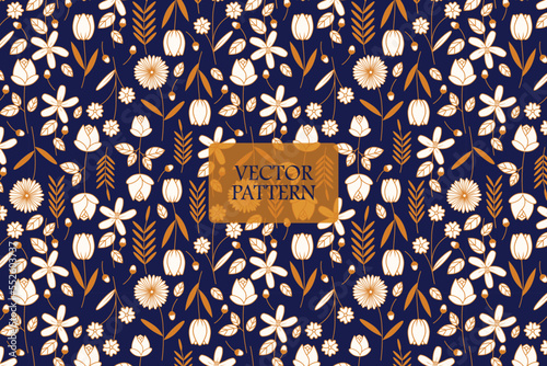 White and gold flower garden abstract on a dark blue background. Seamless repeat vector pattern