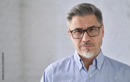 Business portrait - confident middle aged businessman smiling. Happy mid adult older man with gray hair in glasses. Copy space .