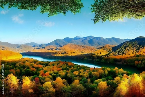 Autumn landscape in the mountains, calm nature and water