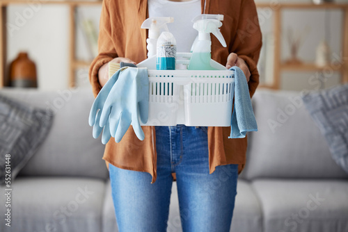 Zoom, woman hands with cleaning, product in basket for home maintenance, cleaning service or living room spring cleaning. Cleaner or maid with brush, liquid spray bottle or clean supplies in hand