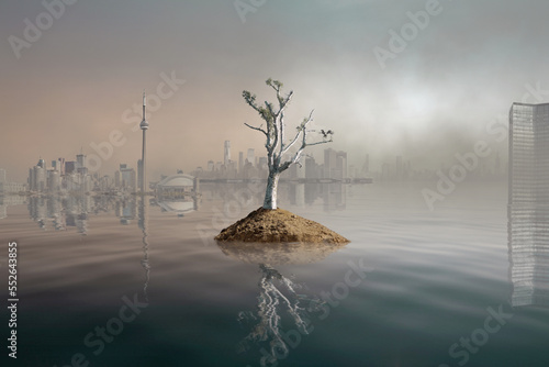 Dramtische Darstellung der Verdrängung der Natur aus den Großstädten mit realistischen Spiegelungen und gemischter Belichtung