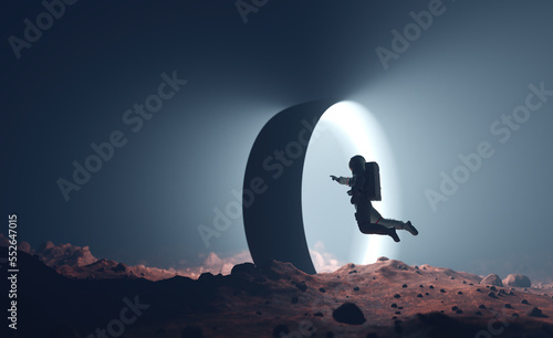 Astronaut on alien planet entering spacetime portal light