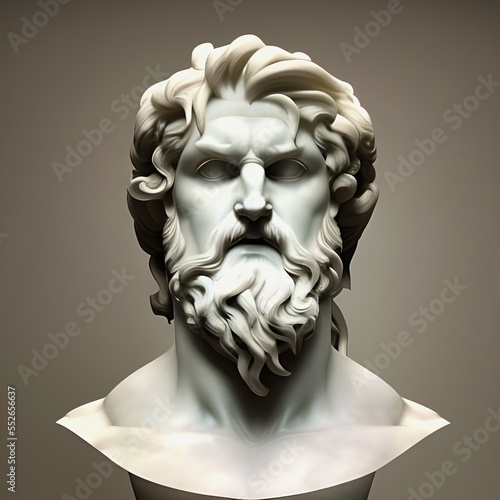 Image featuring a chiseled white marble statue bust of Greek god Zeus also known as the Roman god Jupiter, god of thunder and the king of gods on Mount Olympus in ancient Greek Mythology
